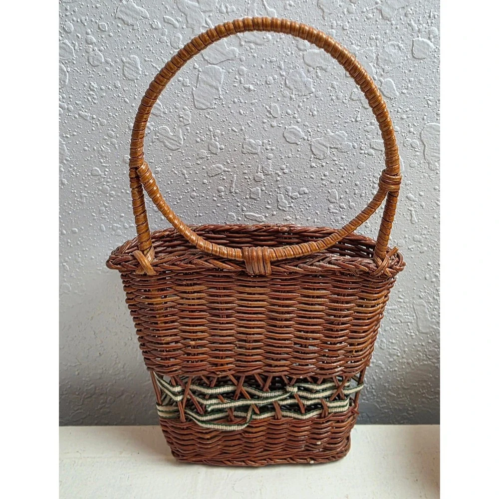 Small Basket Pair Green Bow Ribbon Wall Hanging & Tan Fabric Lined Rectangle